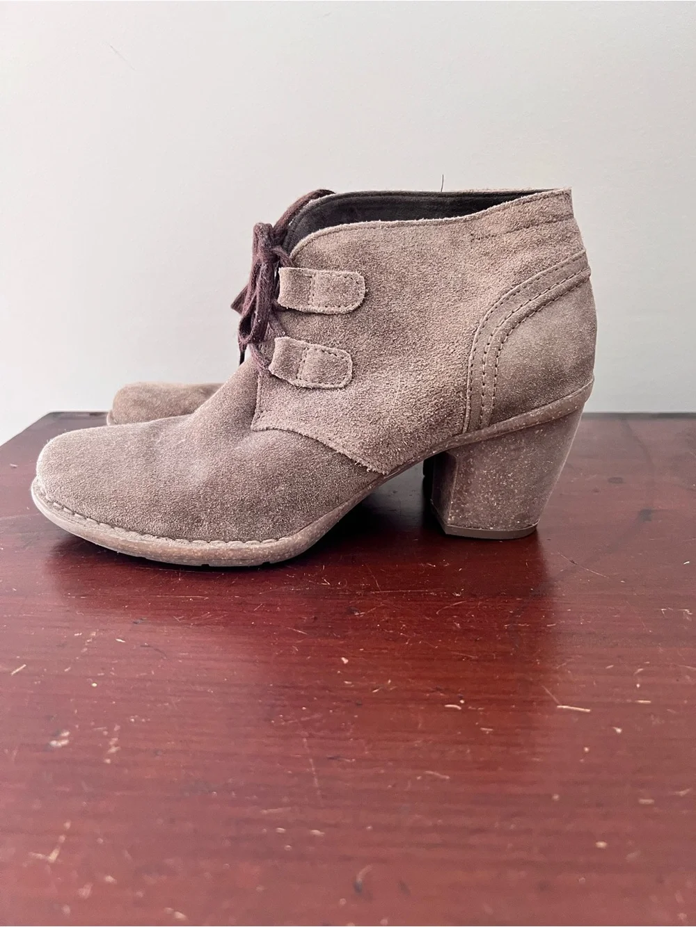 Clark’s Suede Taupe Lace-up Ankle Boot with strong heel